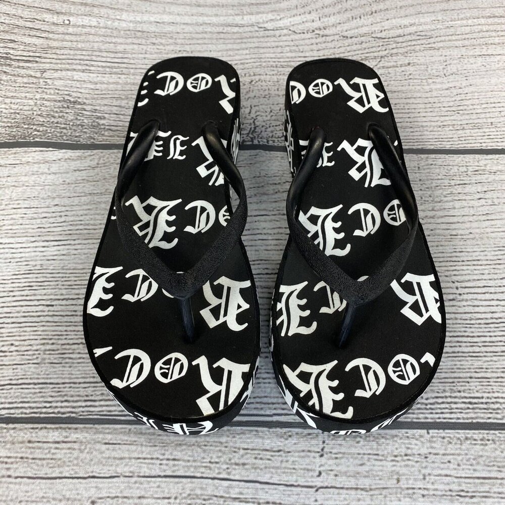 Rock Wedged Sandals Women Size 8 Slip On Open Toe Thong Shoes - Black & White